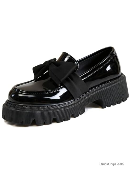 Shoes - Patent Leather Bow Loafers for Women Chunky Heel Lug Sole Slip-On Dress Shoes